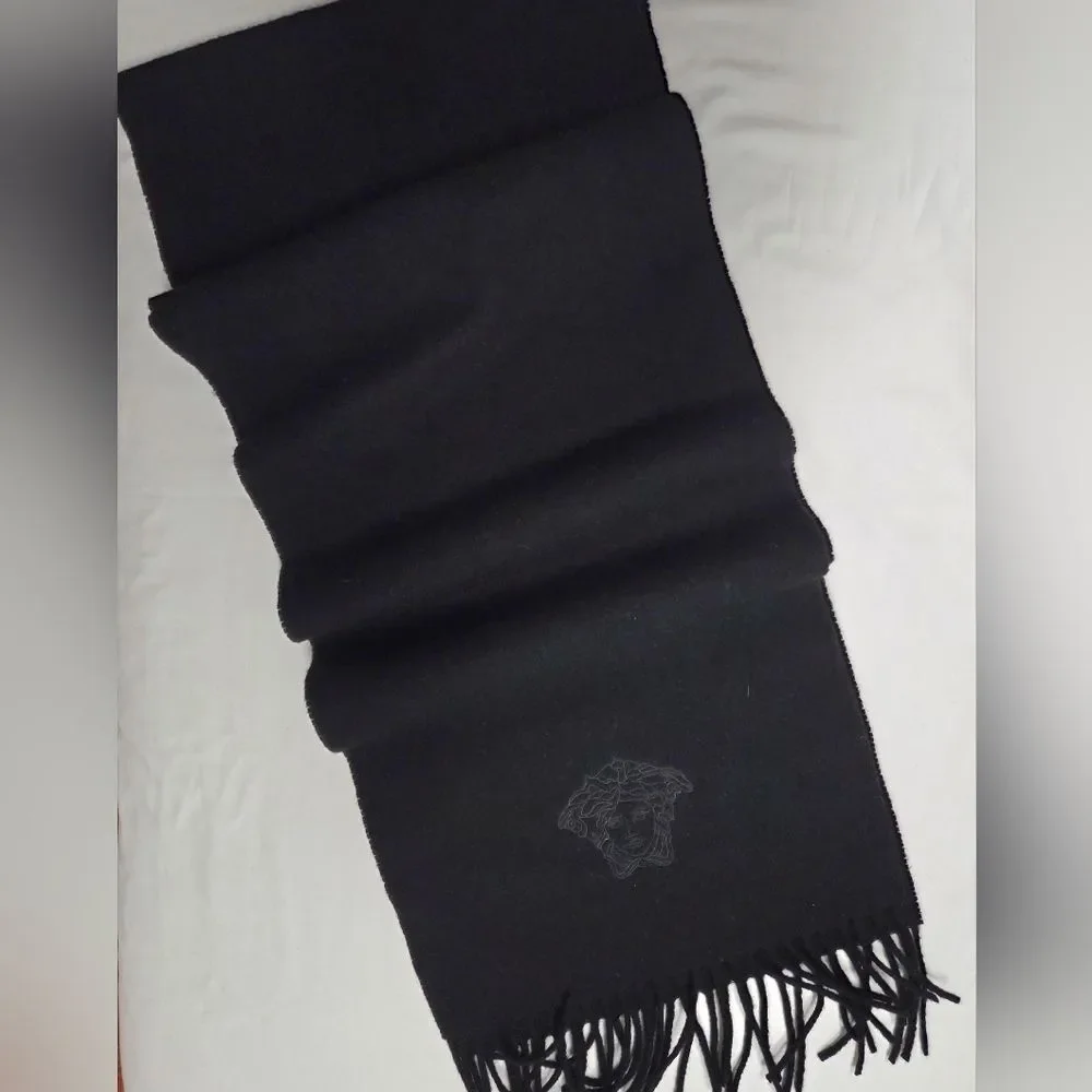 Versace Wool Medusa Logo Embroidered Fringe Scarf